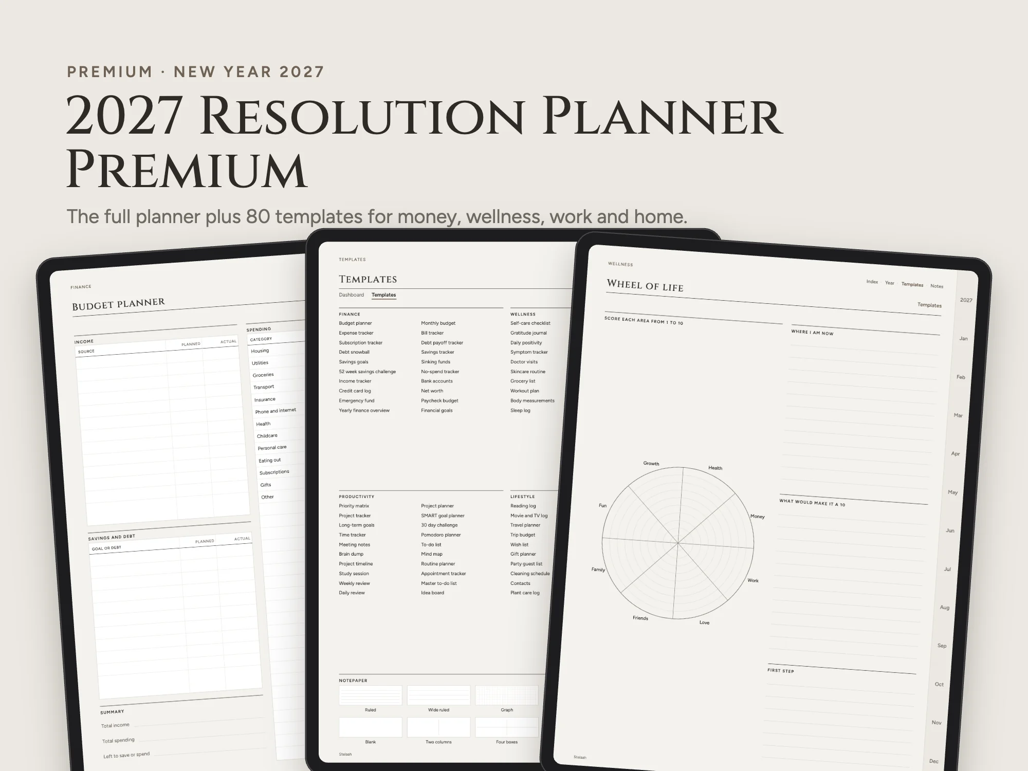 Cover of the 2027 New Year Resolution Planner Premium with 80 Templates