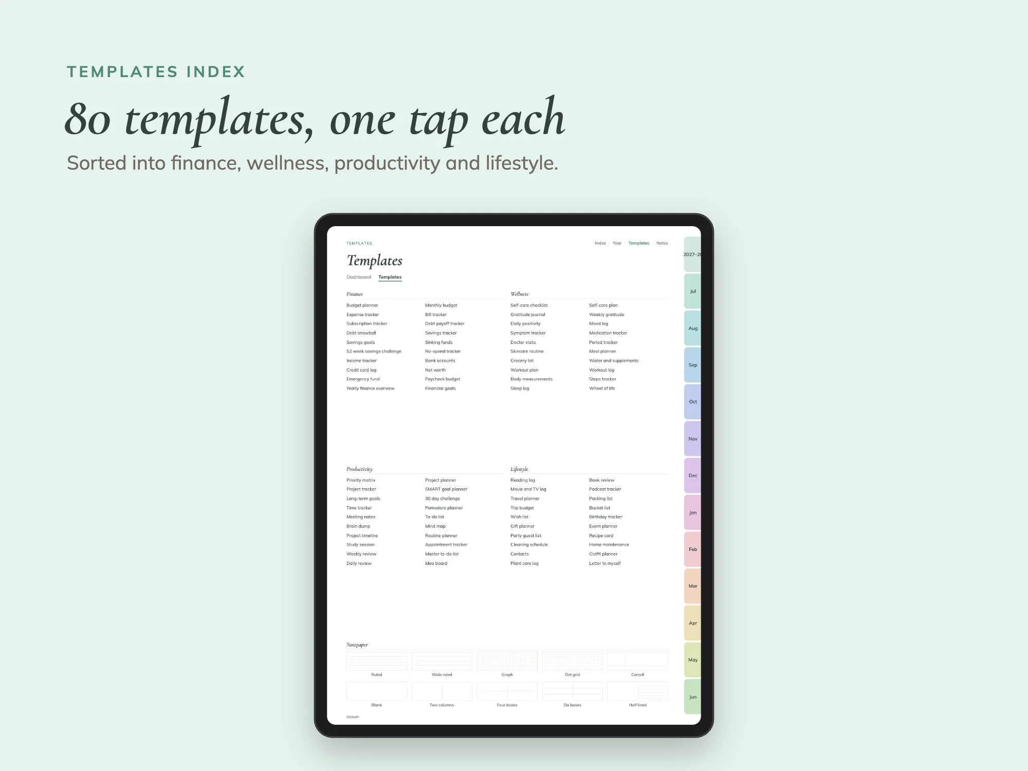 Midyear July 2027 to June 2028 Planner Premium with 80 Templates: Templates index