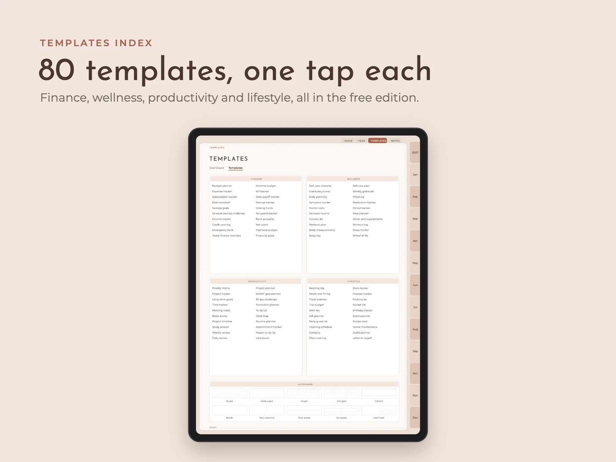 Free 2027 All-in-One Digital Planner with 80 Templates: Templates index