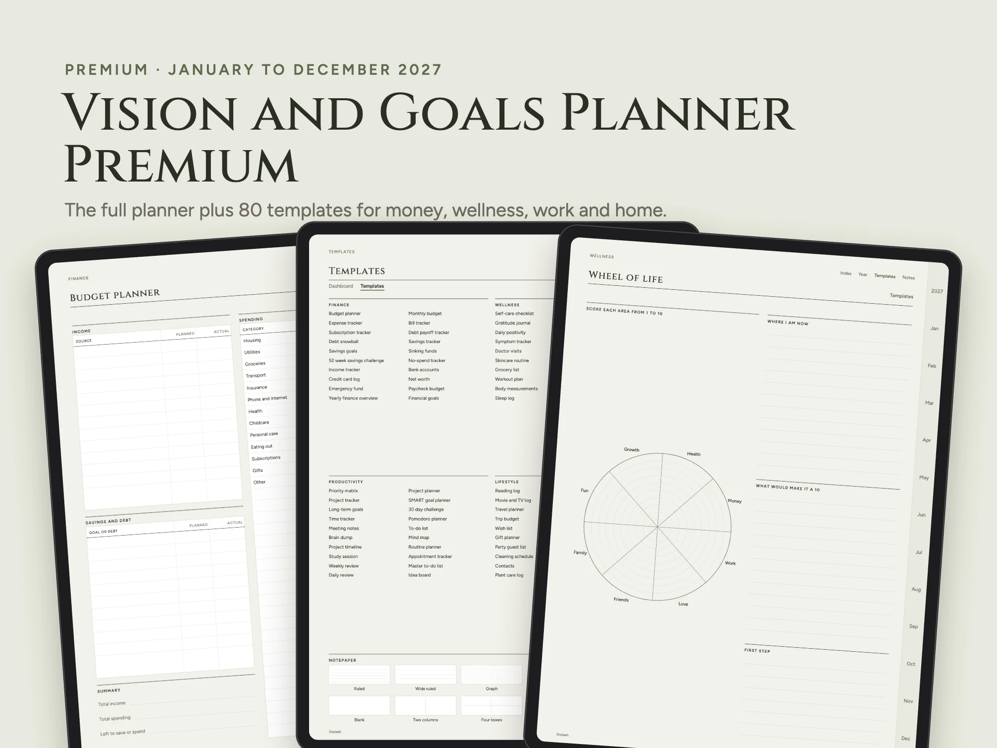 Cover of the 2027 Vision Board and Goals Planner Premium with 80 Templates