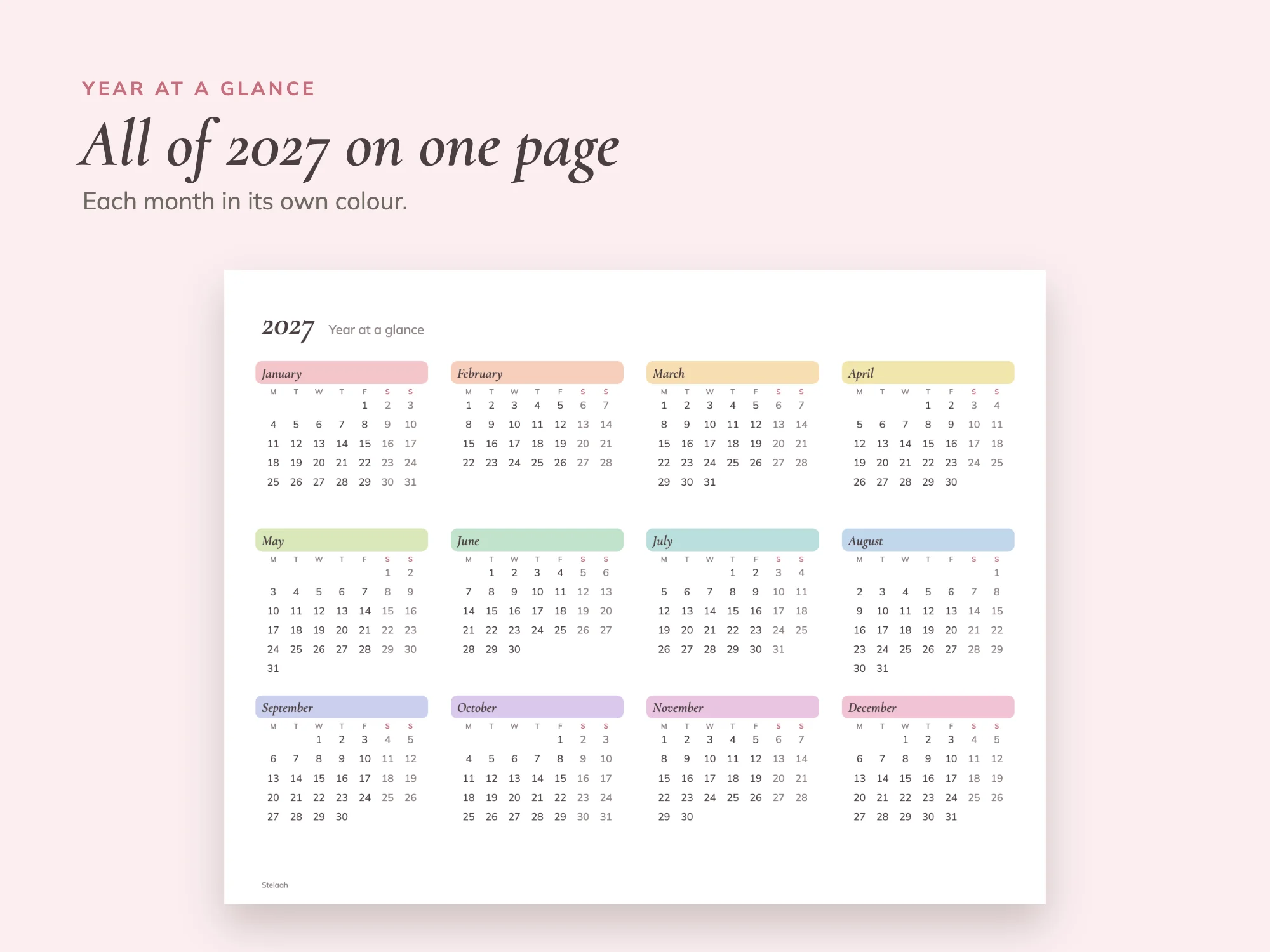 Free 2027 Printable Monthly Calendar: Year at a glance