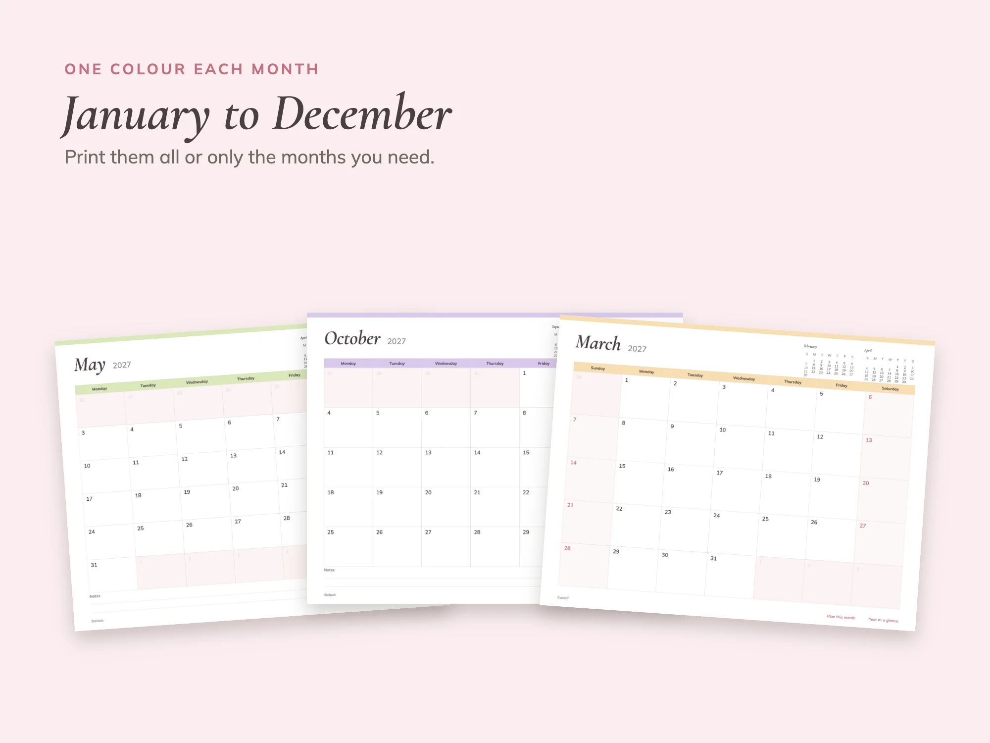Free 2027 Printable Monthly Calendar: Month colours
