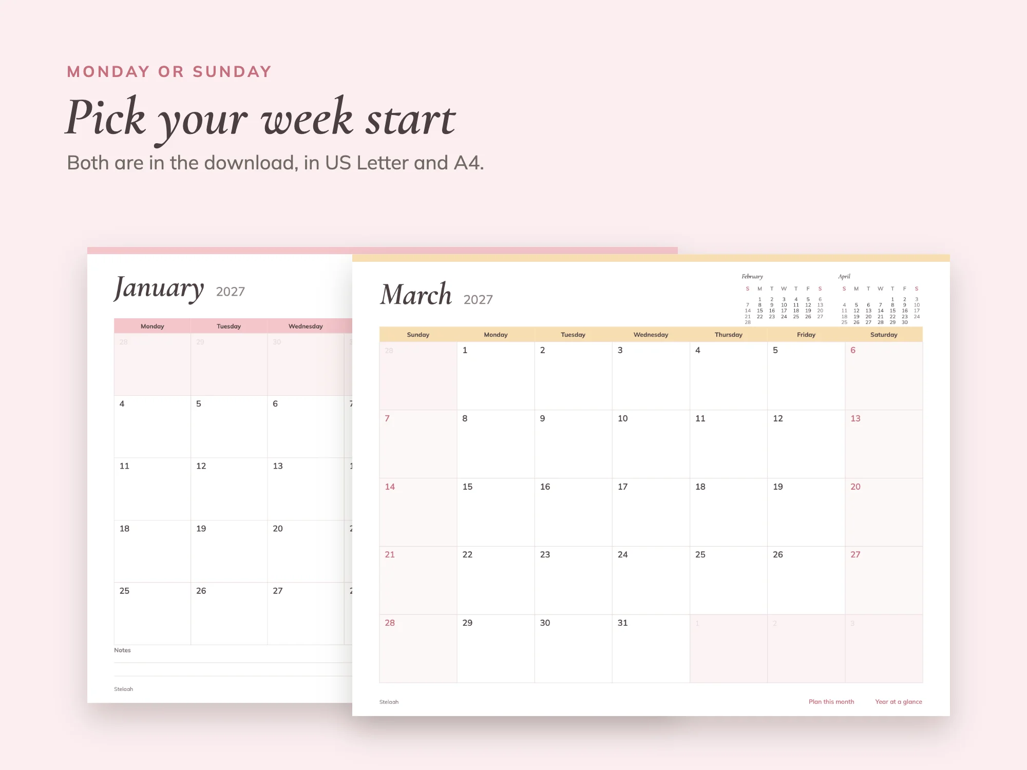 Free 2027 Printable Monthly Calendar: Week start