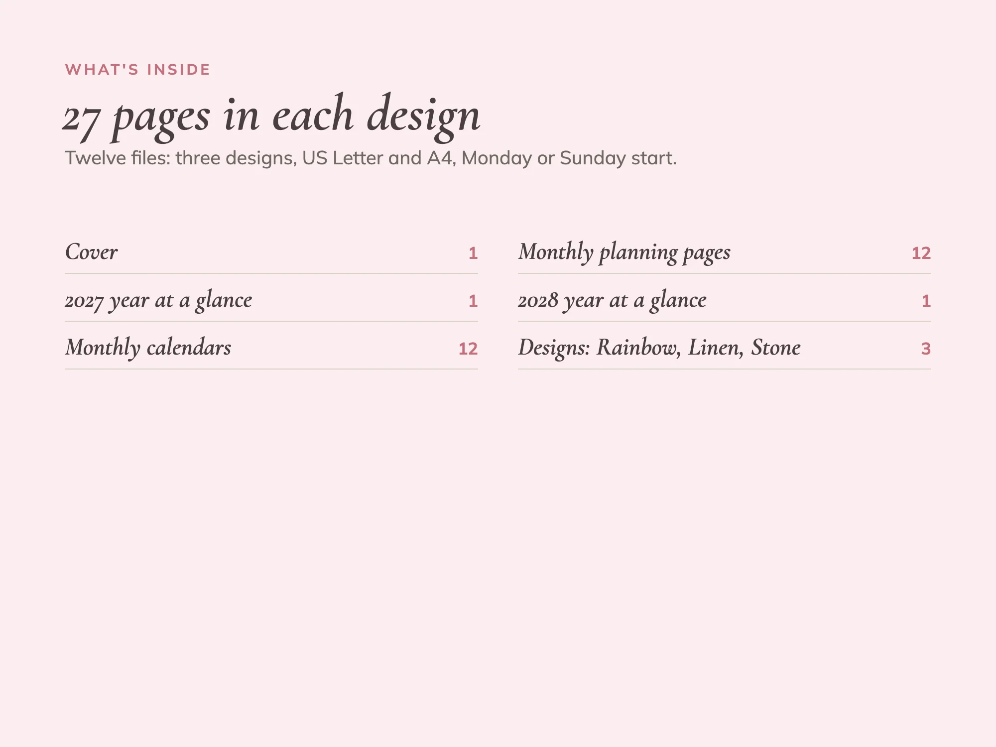 2027 Printable Calendar Premium in Three Designs: What's inside