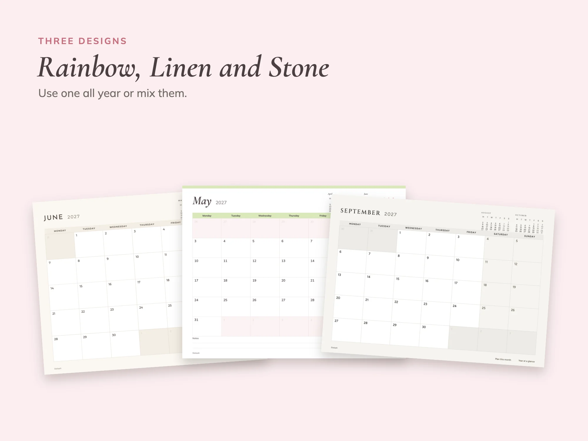 2027 Printable Calendar Premium in Three Designs: Three designs