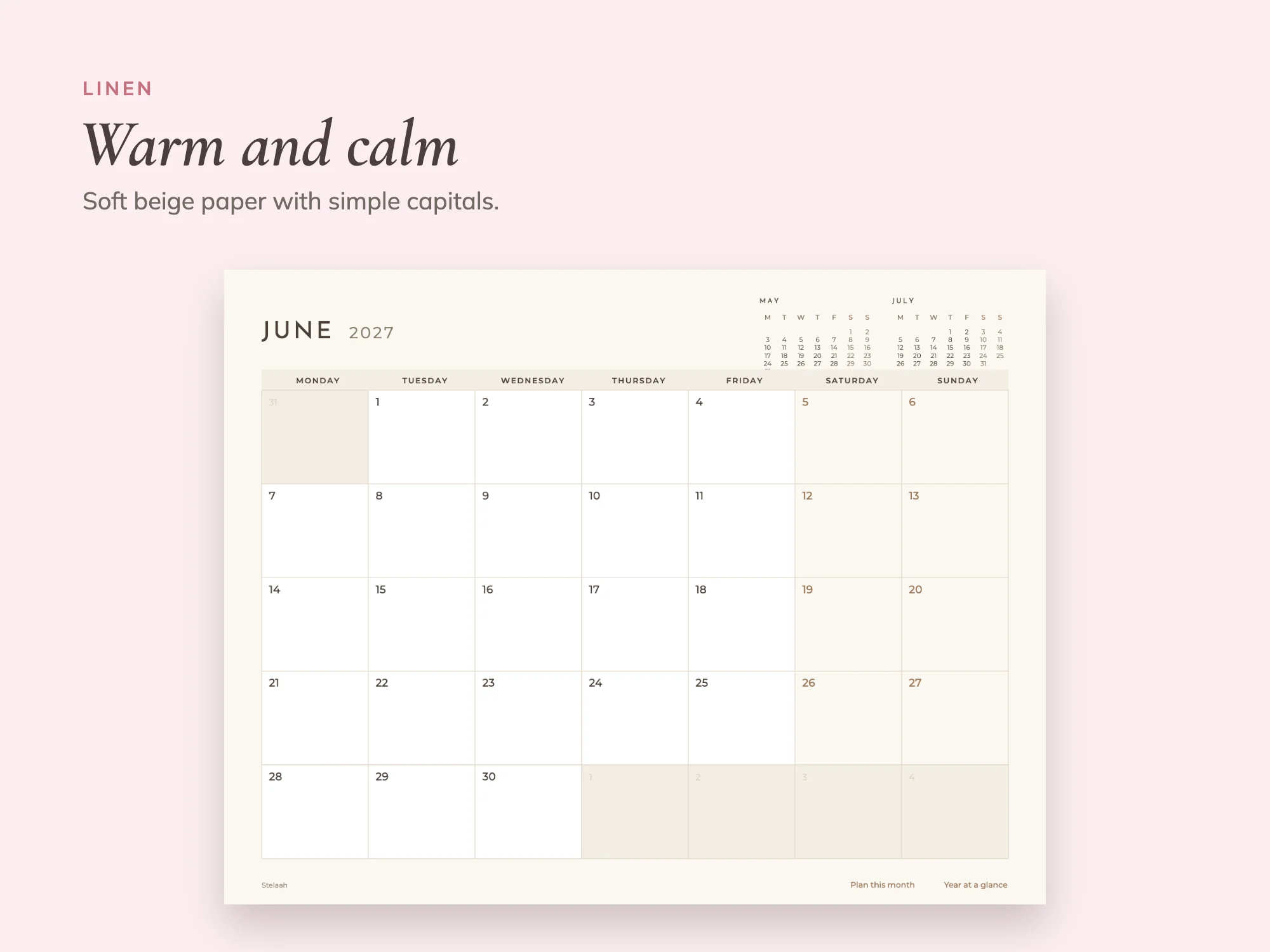 2027 Printable Calendar Premium in Three Designs: Linen