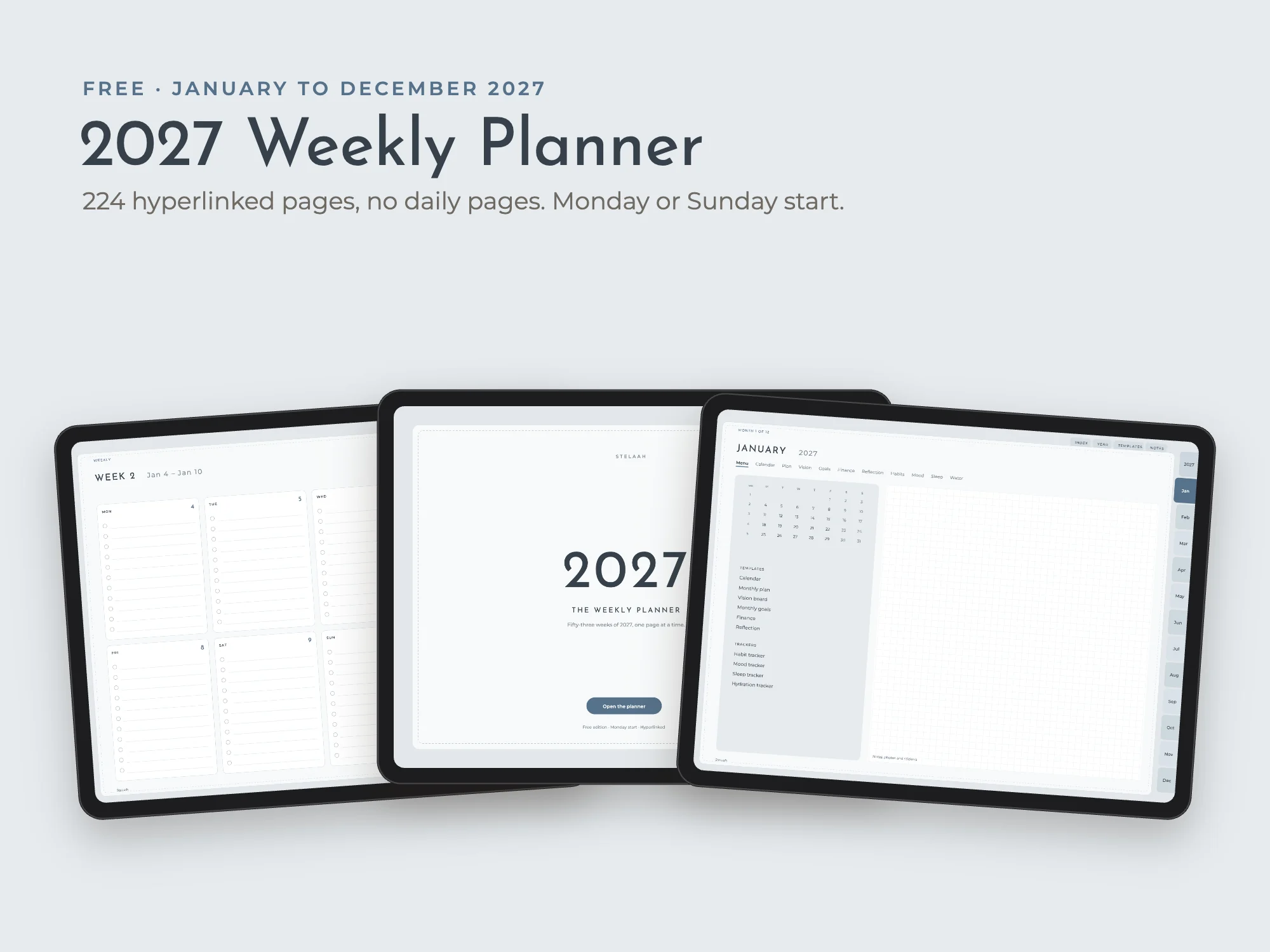 Cover of the Free 2027 Weekly Digital Planner, Monday and Sunday Start