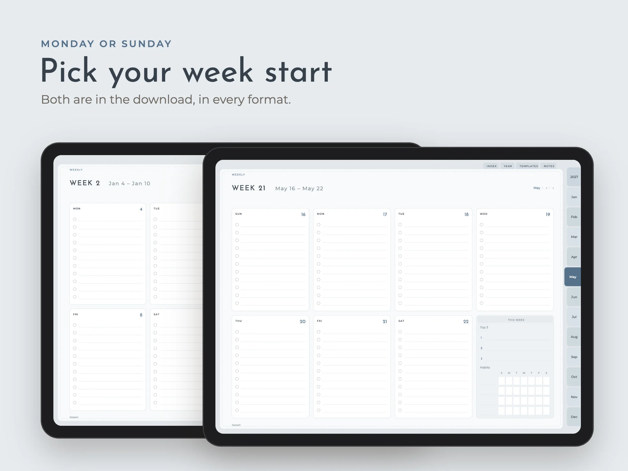 Free 2027 Weekly Digital Planner, Monday and Sunday Start: Week start