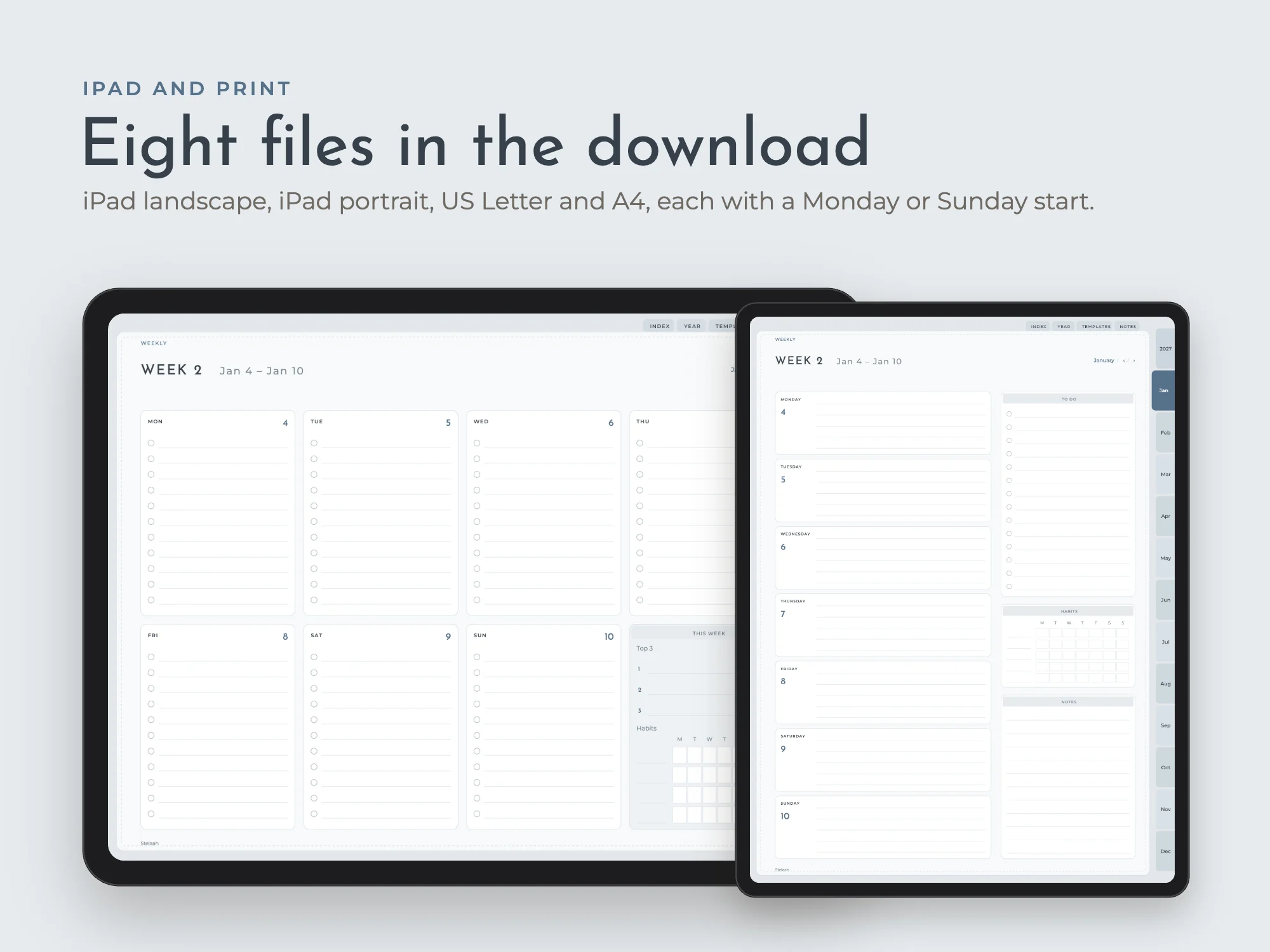 Free 2027 Weekly Digital Planner, Monday and Sunday Start: iPad and print