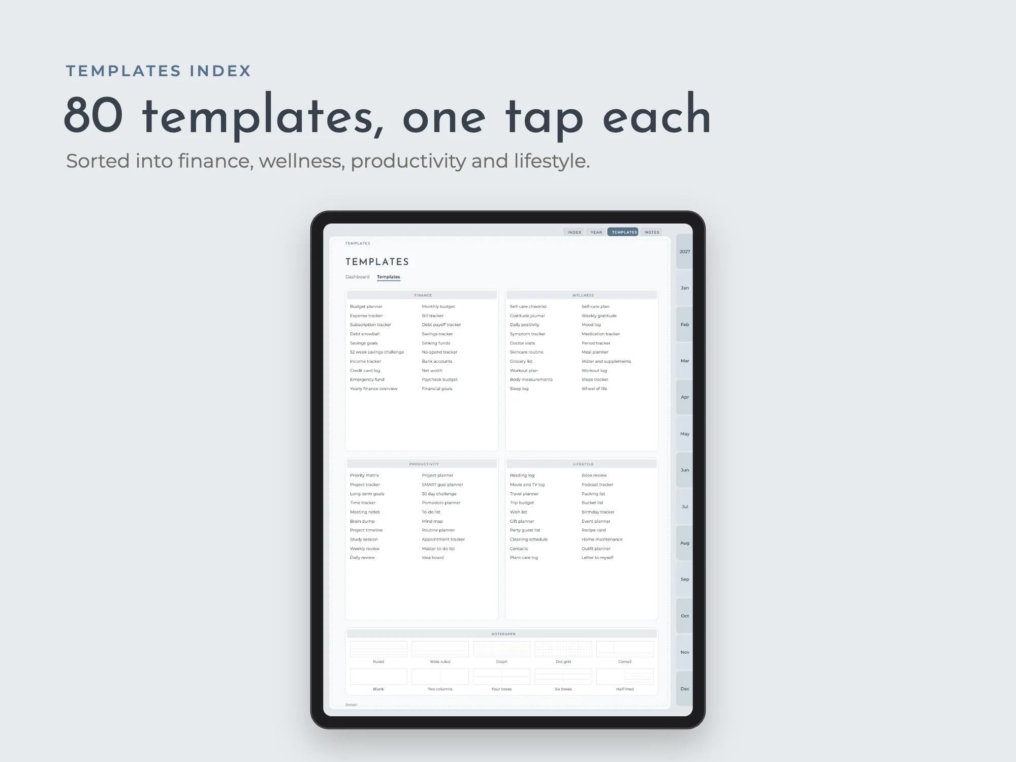 2027 Weekly Planner Premium with 80 Templates: Templates index