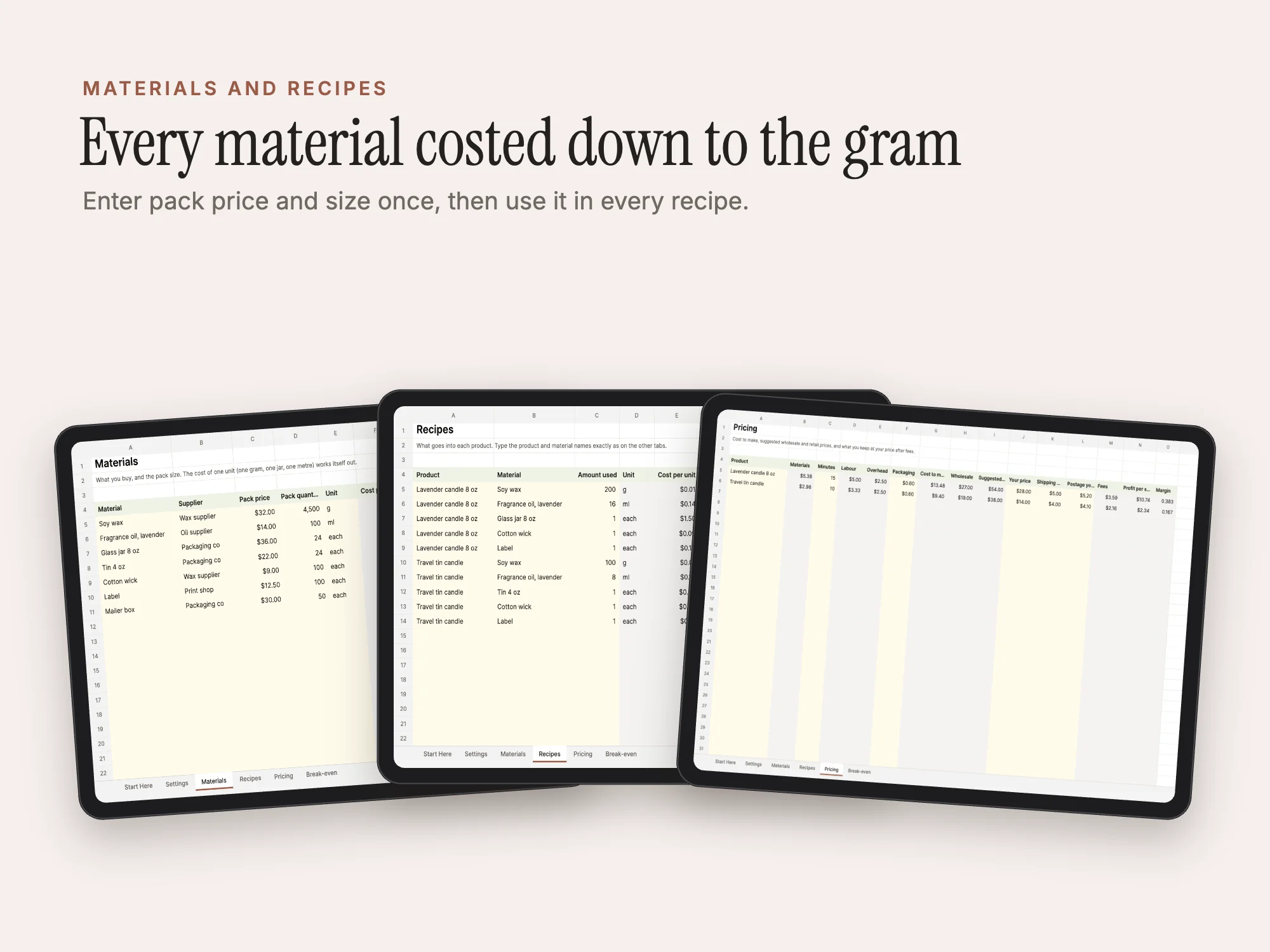 Handmade Product Pricing Calculator: Materials and recipes