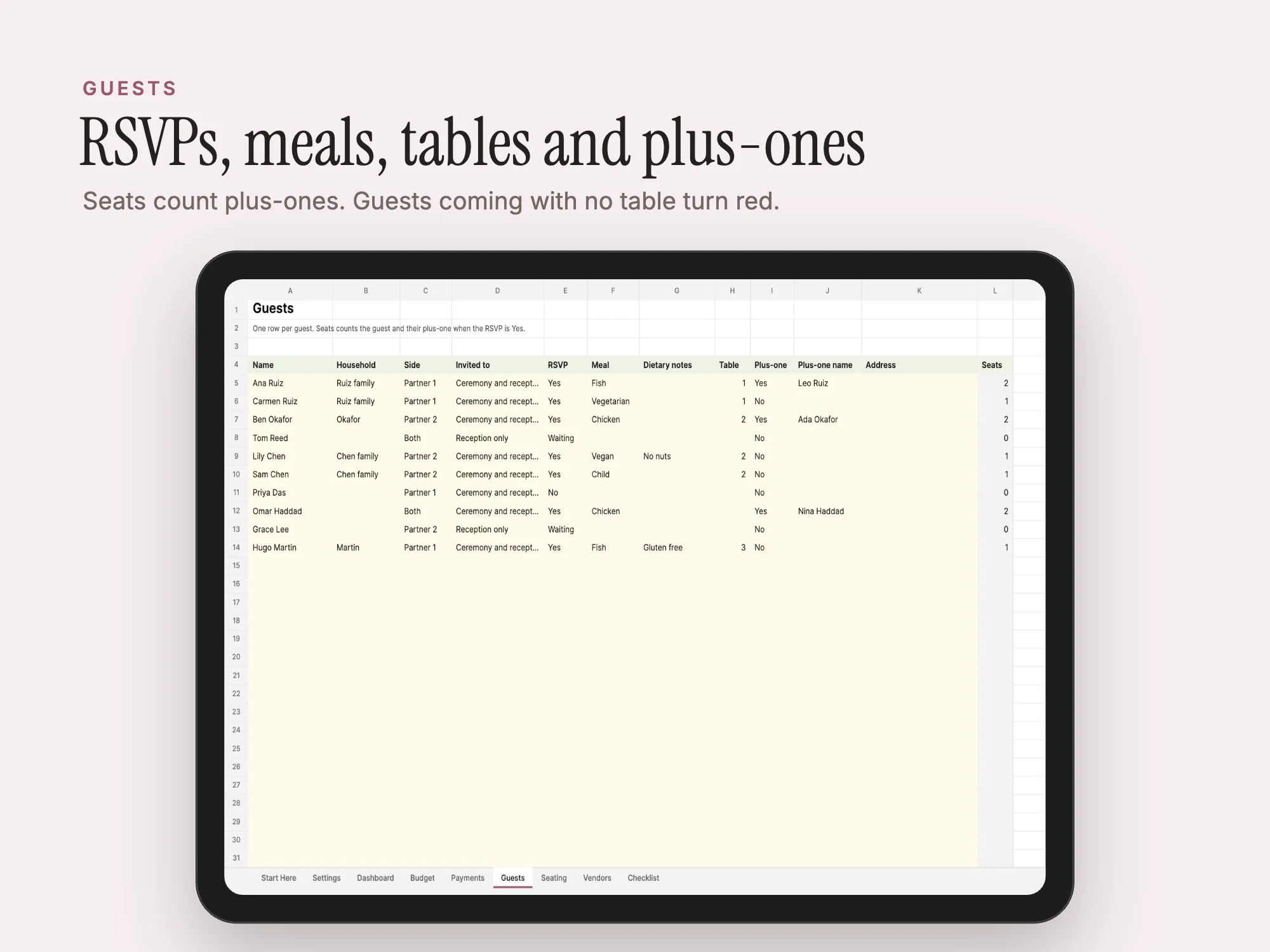 Wedding Planning Spreadsheet: Guests