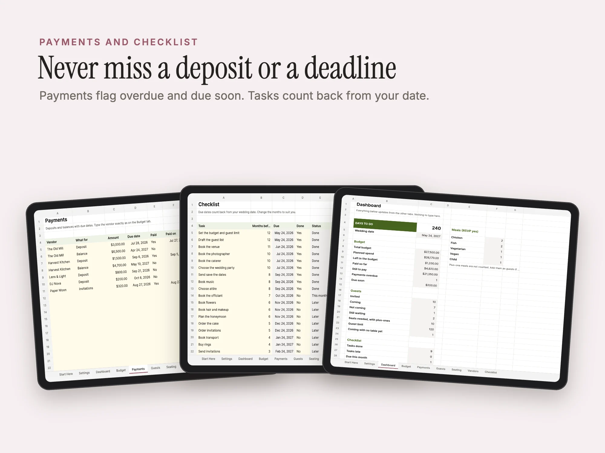 Wedding Planning Spreadsheet: Payments and checklist