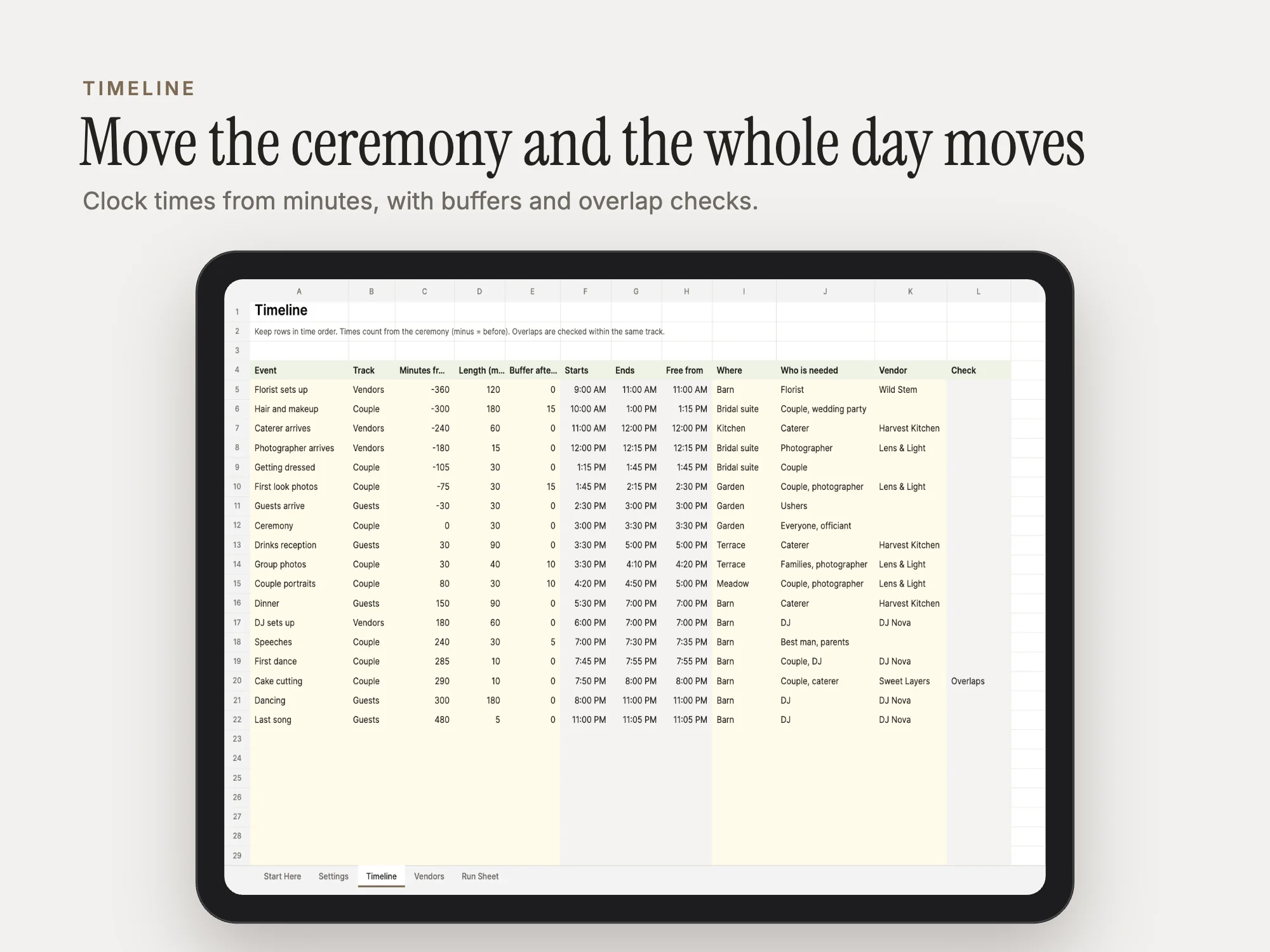 Wedding Day Timeline and Vendor Run Sheet: Timeline
