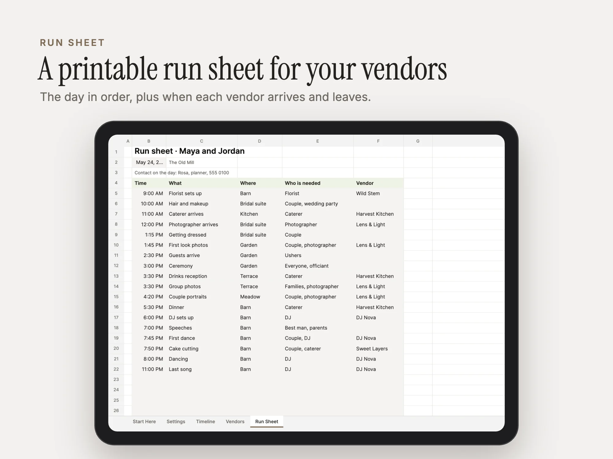 Wedding Day Timeline and Vendor Run Sheet: Run sheet