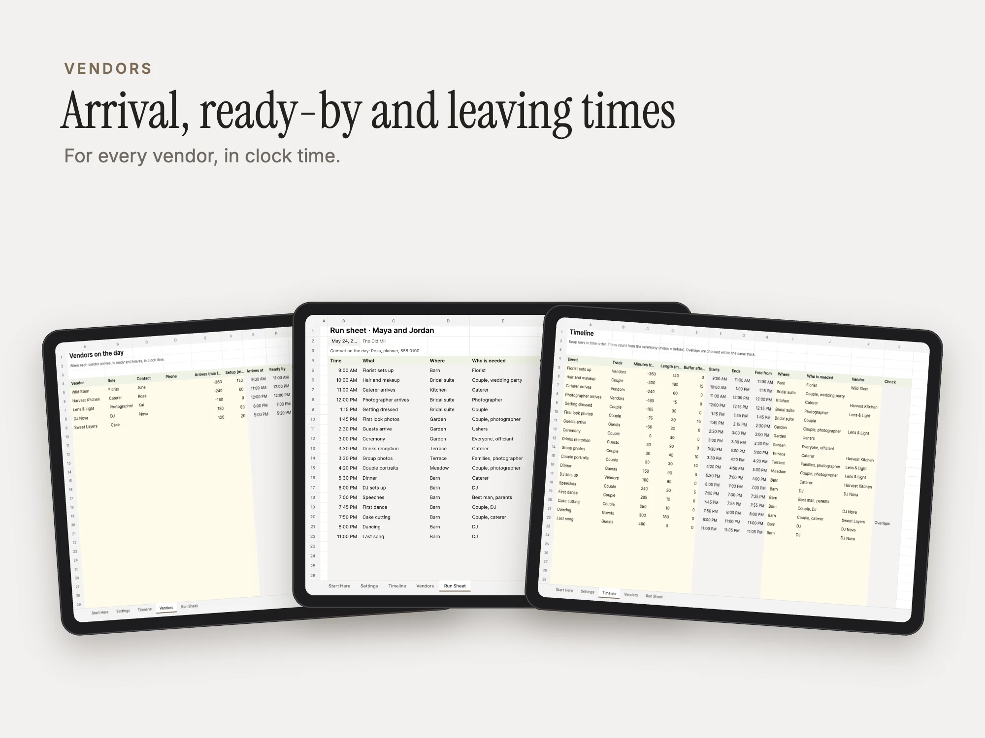 Wedding Day Timeline and Vendor Run Sheet: Vendors