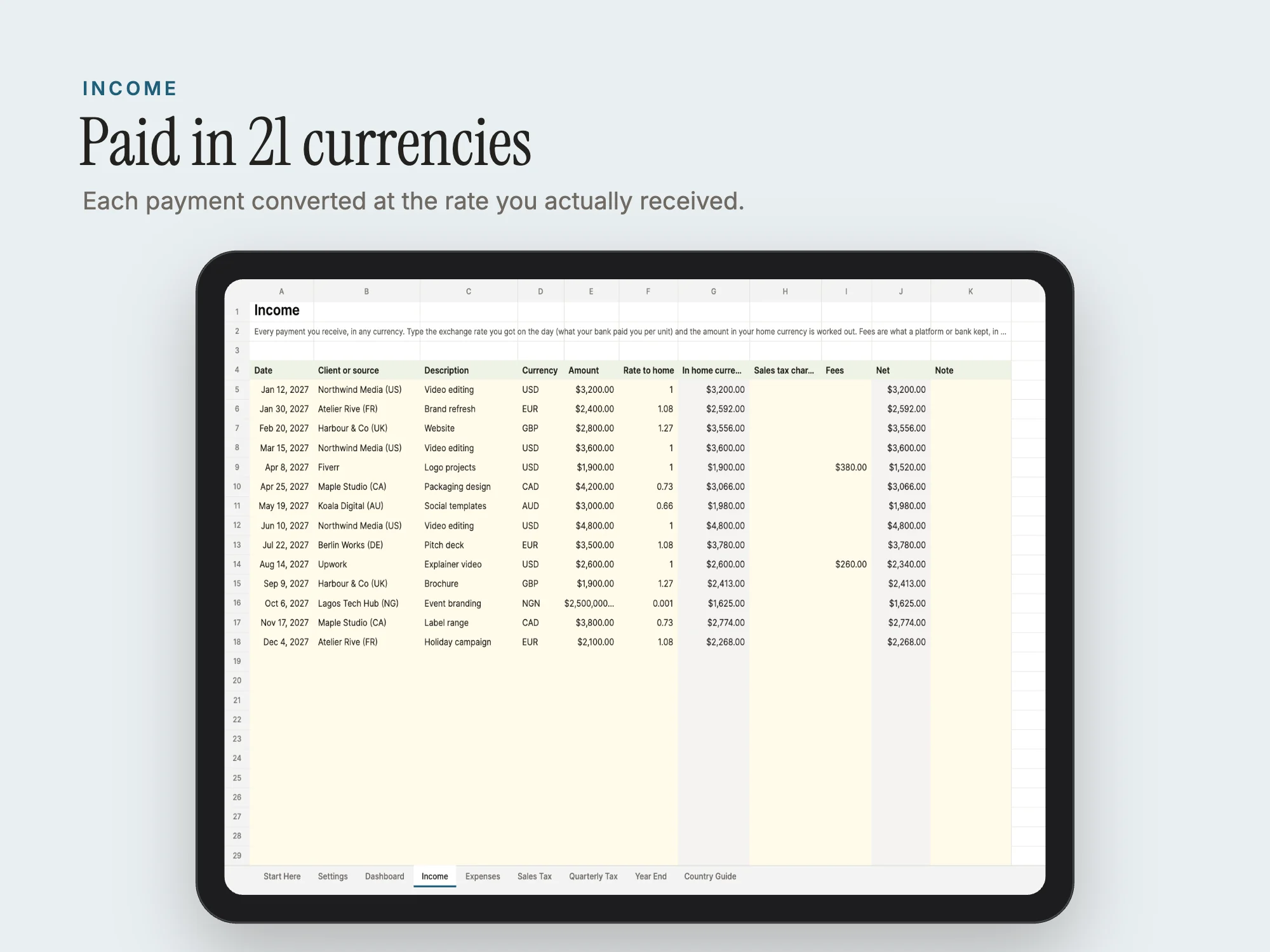 Multi-Currency Freelancer Tax Tracker 2027: Income