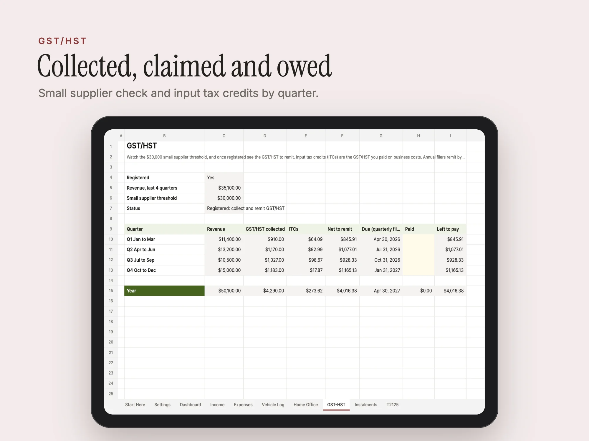 Canada Self-Employed Tax Tracker 2026: GST/HST