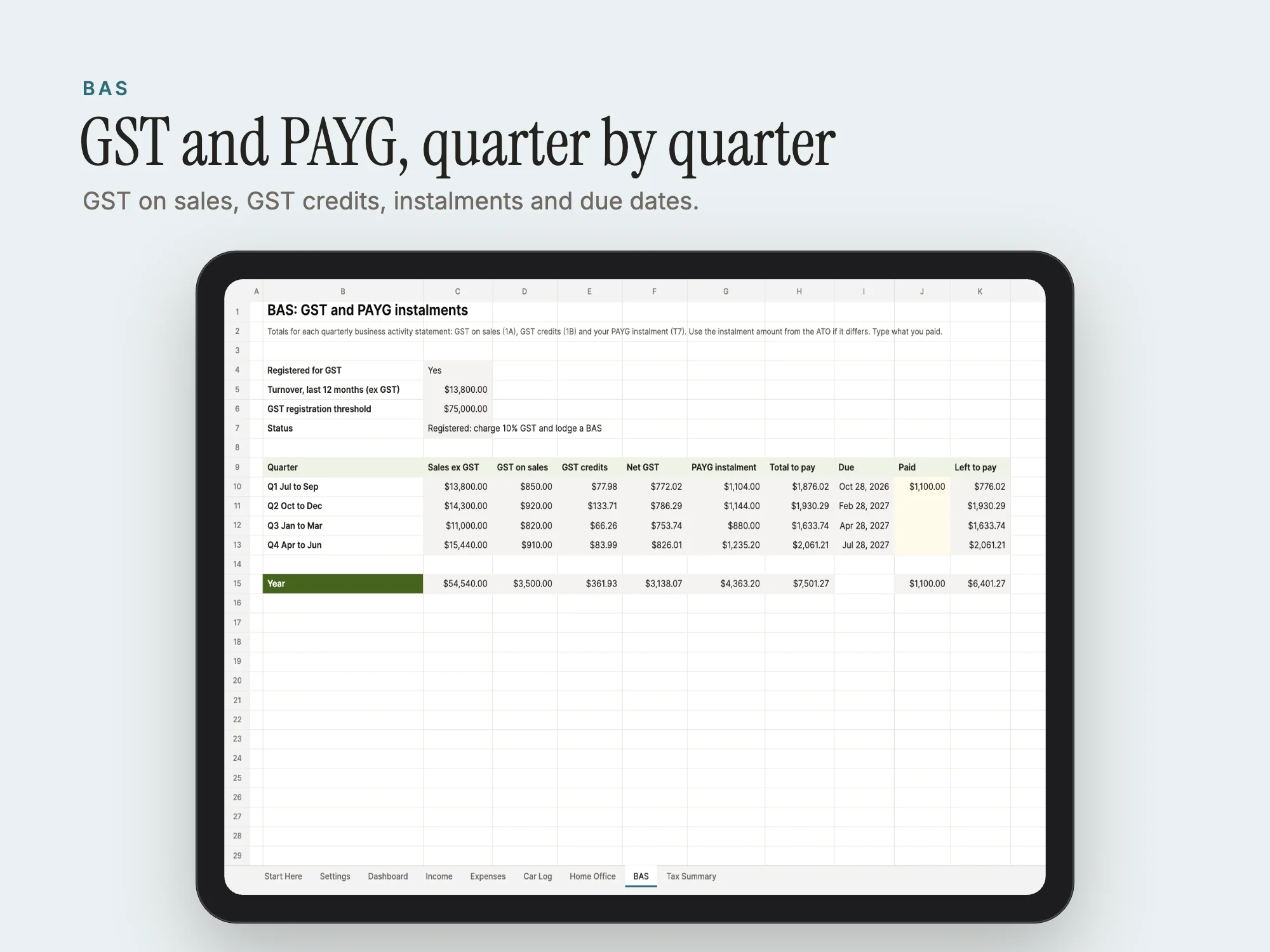 Australia Sole Trader Tax Tracker 2026-27: BAS
