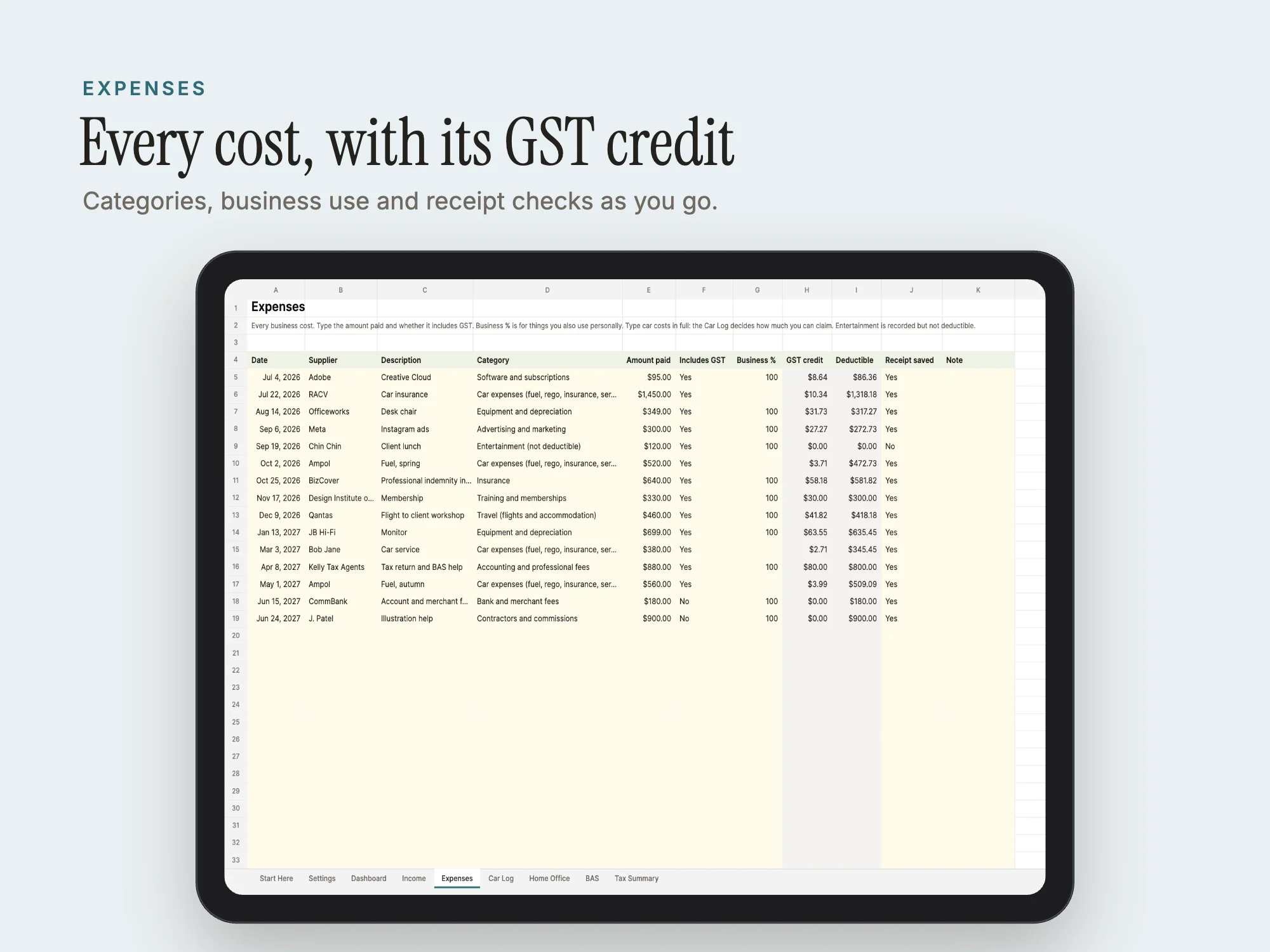 Australia Sole Trader Tax Tracker 2026-27: Expenses