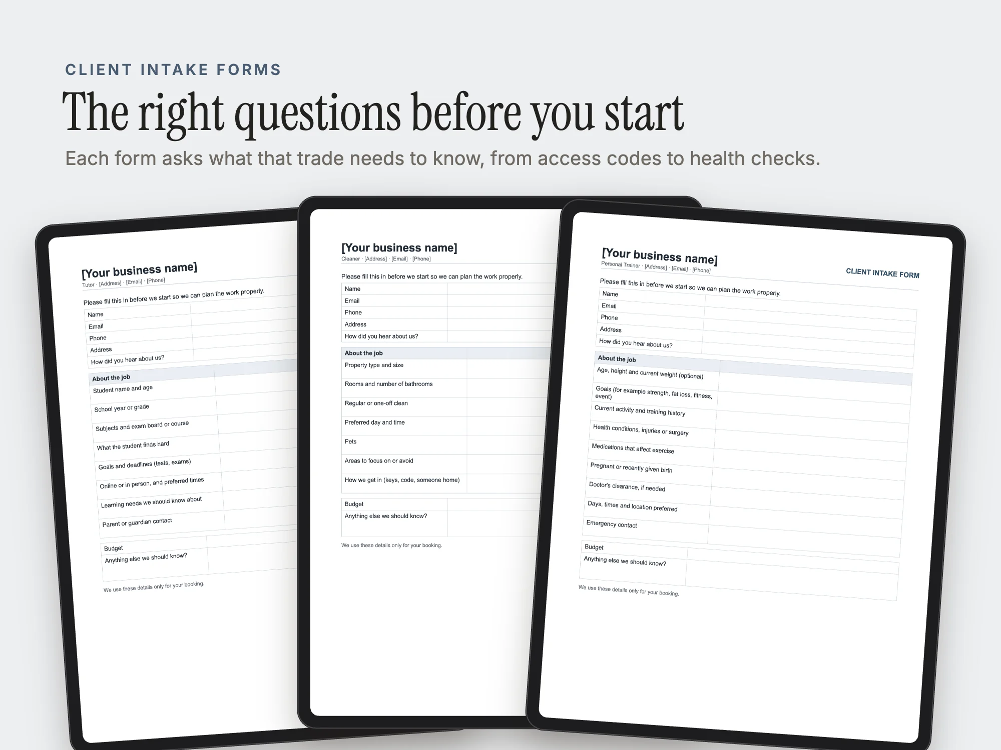 Trade Contract Packs: Client intake forms