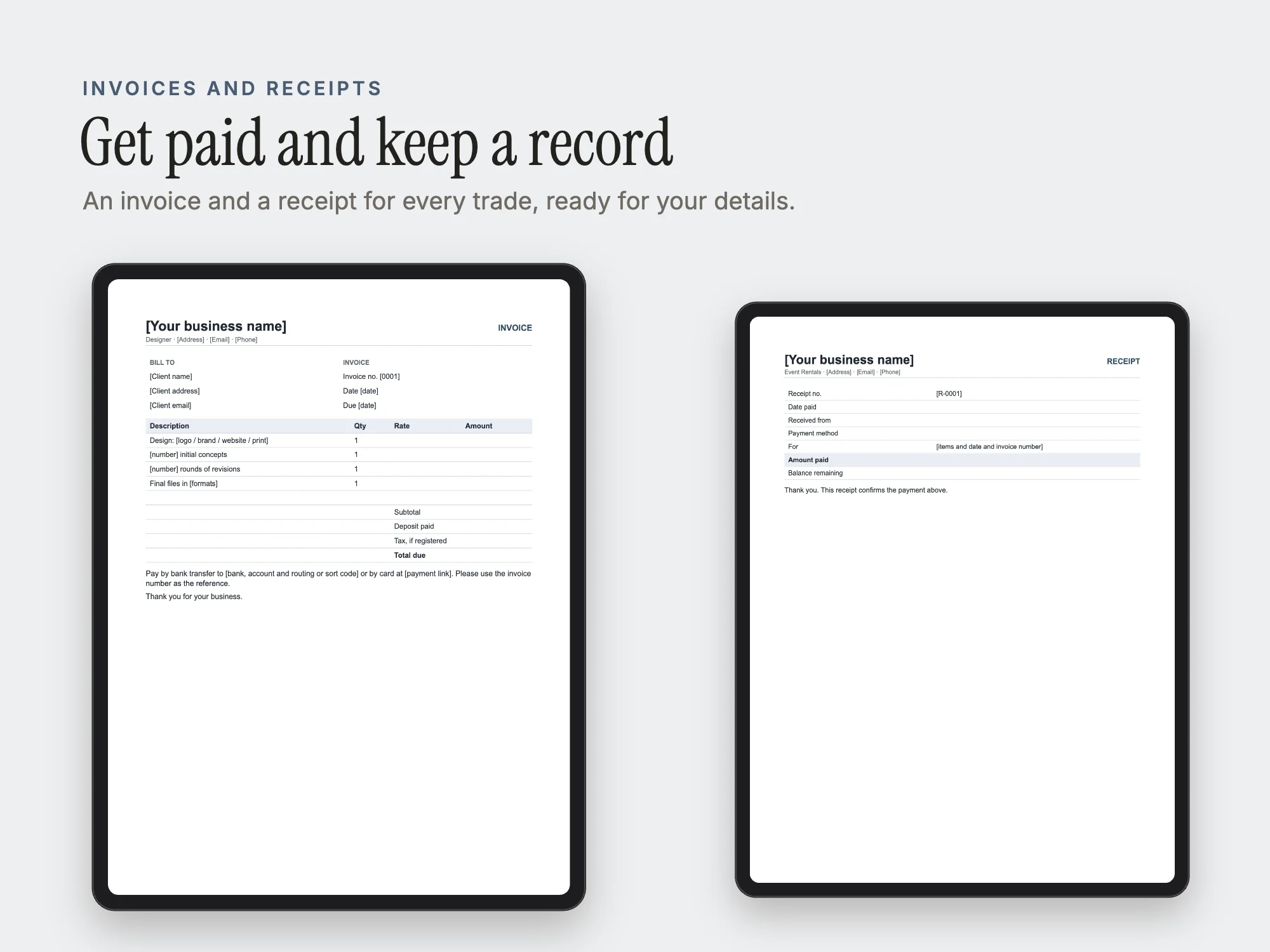 Trade Contract Packs: Invoices and receipts