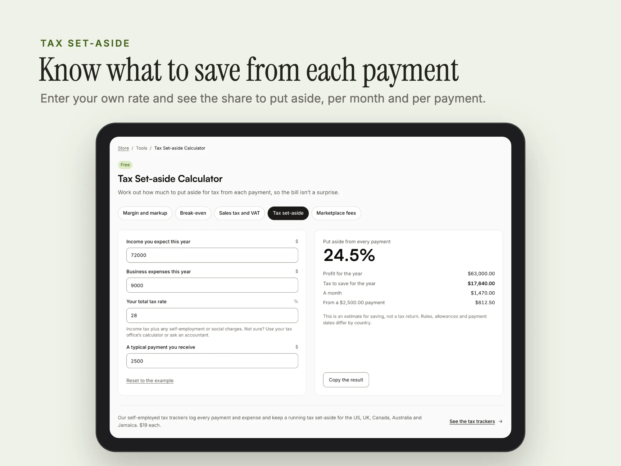 Free Business Calculators: Tax set-aside