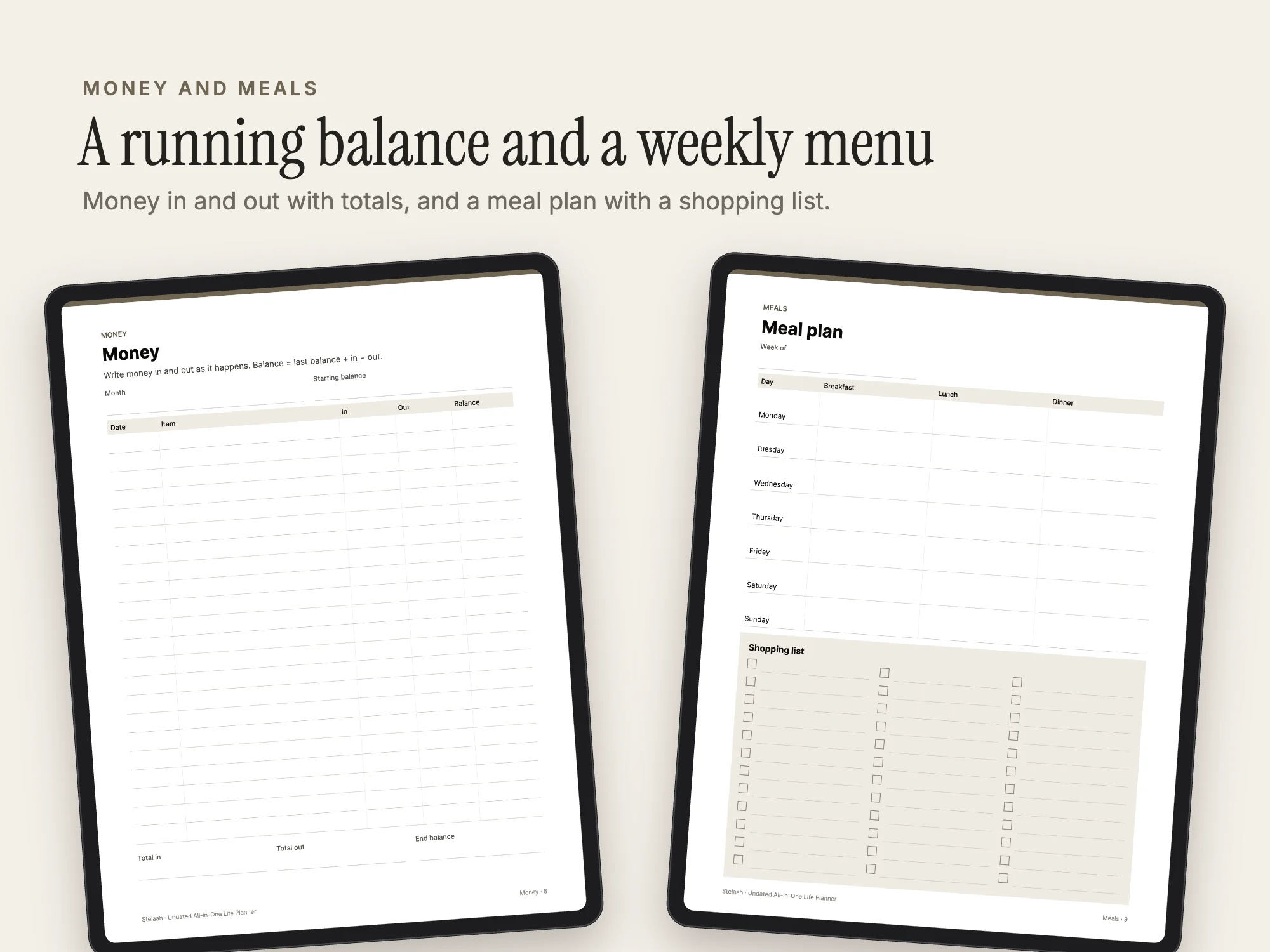 Undated All-in-One Life Planner: Money and meals