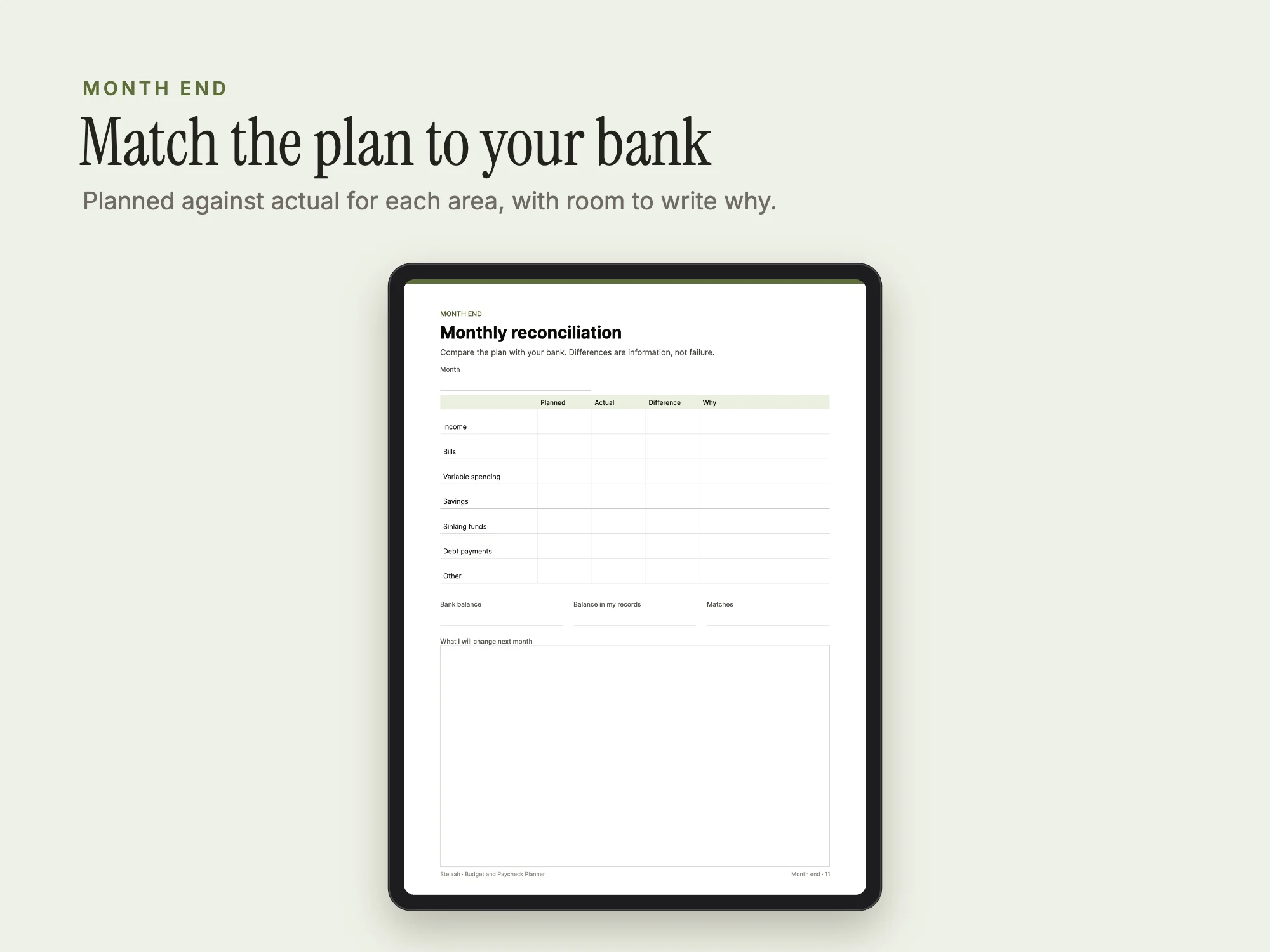 Budget and Paycheck Planner: Month end