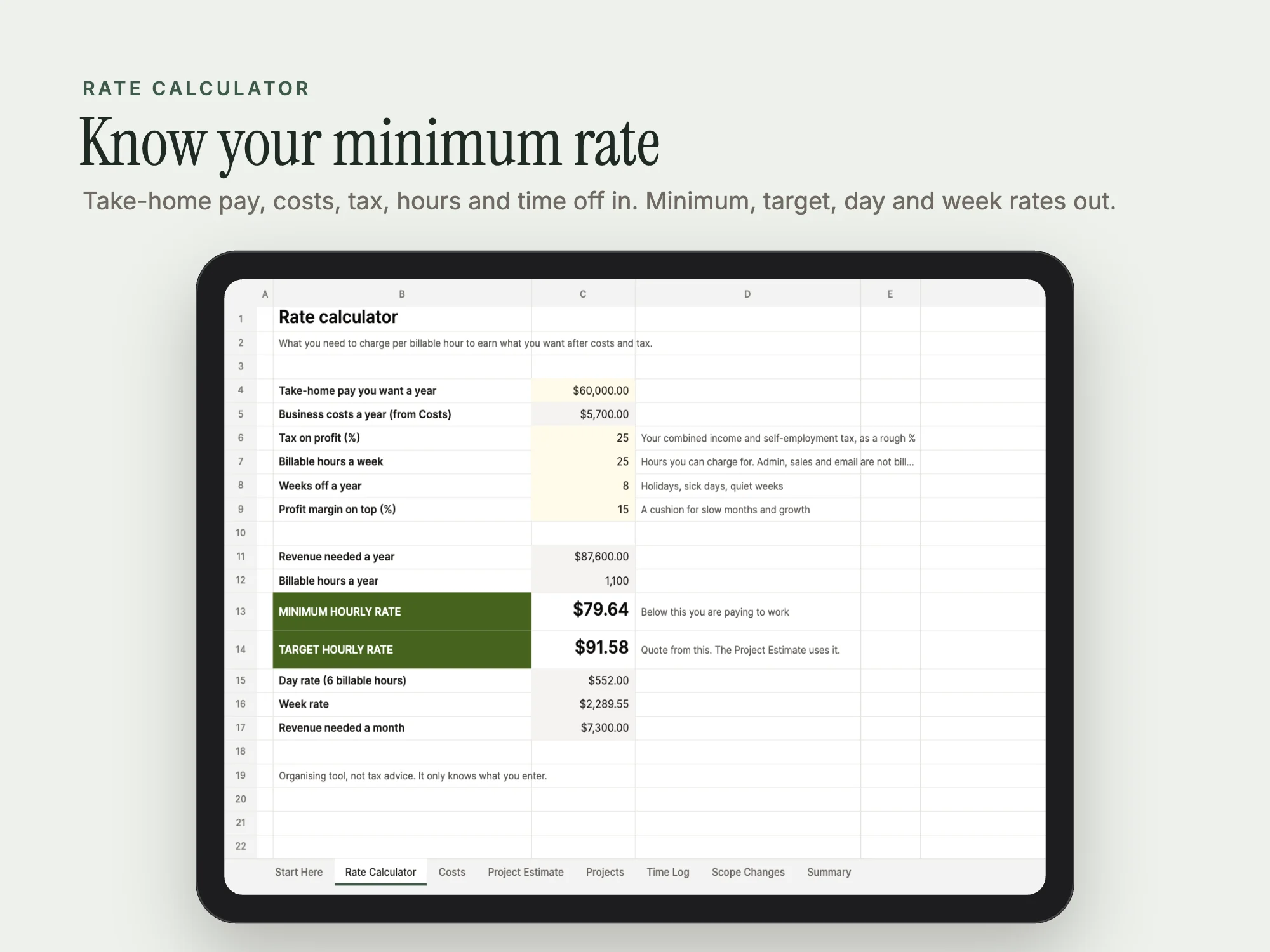 Freelance Project Pricing and Profitability Workbook: Rate calculator