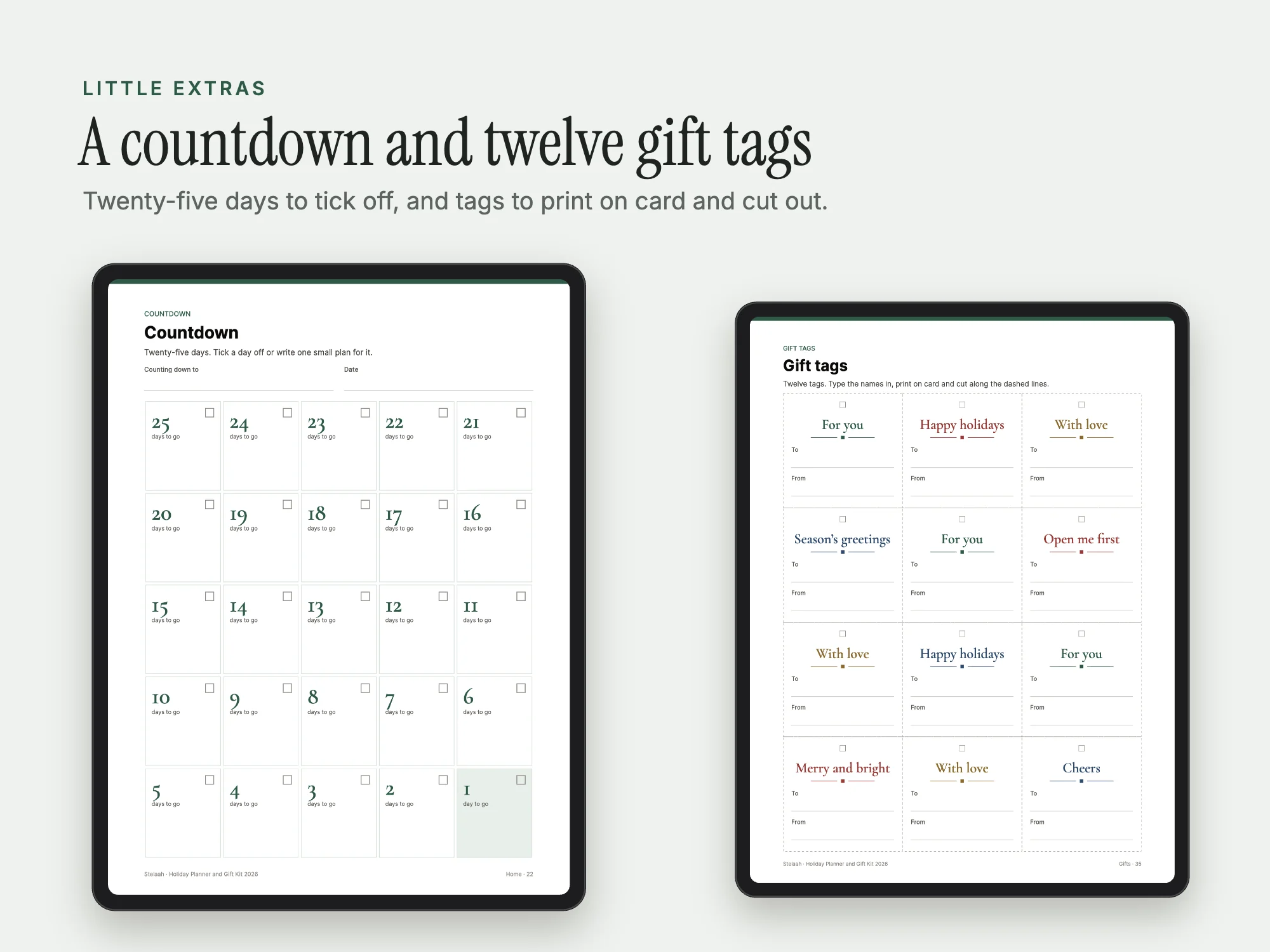 Holiday Planner and Gift Kit 2026: Countdown and tags