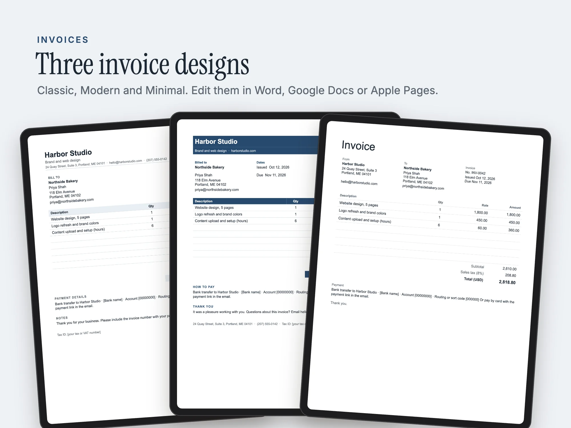 Invoice, Quote and Proposal Templates: Three invoice designs